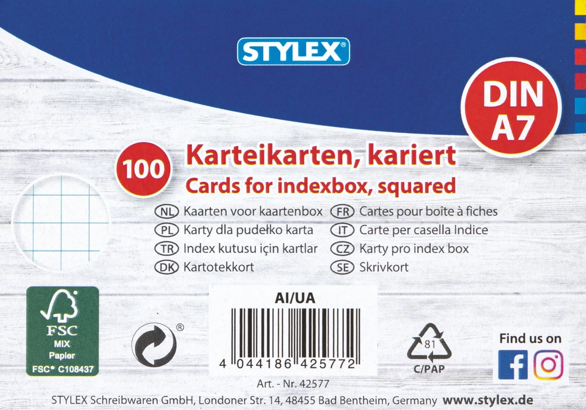 Stylex Karteikarten, DIN A7, kariert, 100 Stück, FSC