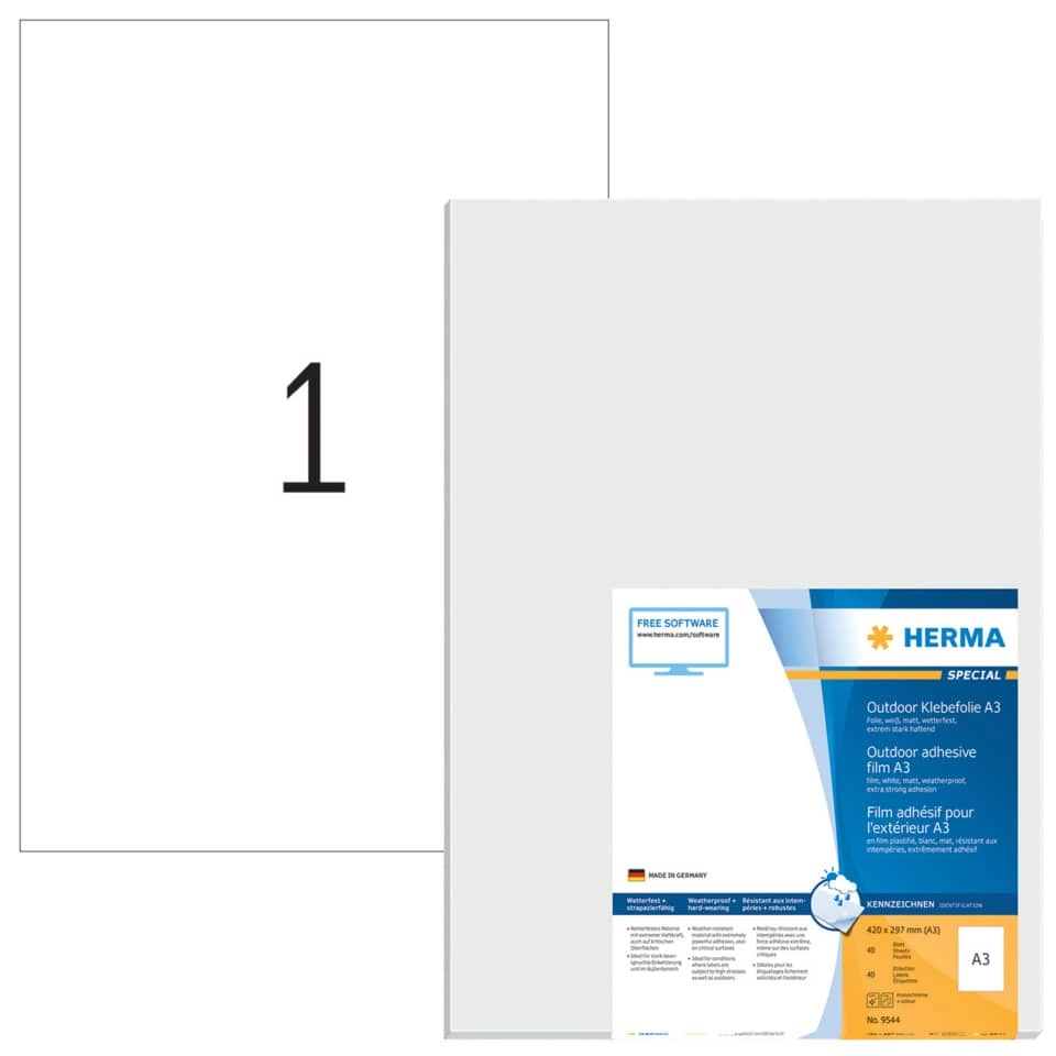 HERMA Folienetiketten - 420 x 297 mm, A3, weiß, strapazierfähig, extrem stark haftend, matt, 40 Stück