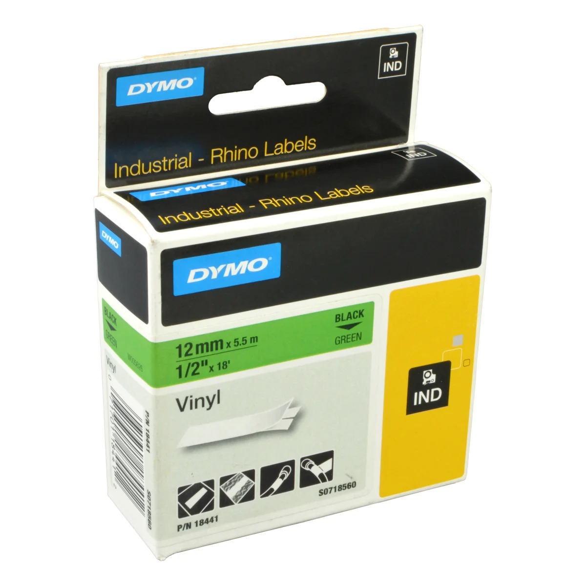 Dymo S0718560 Schriftband schwarz auf grün 12mm x 5,5m Vinyl (18441)