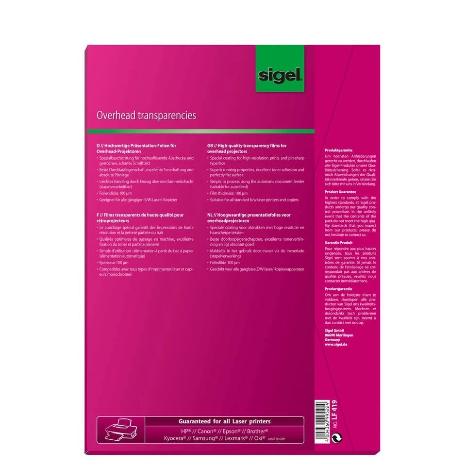 SIGEL Overhead-Folien für S/W-Laser/-Kopierer, transparent, 100 mym, A4, 100 Blatt