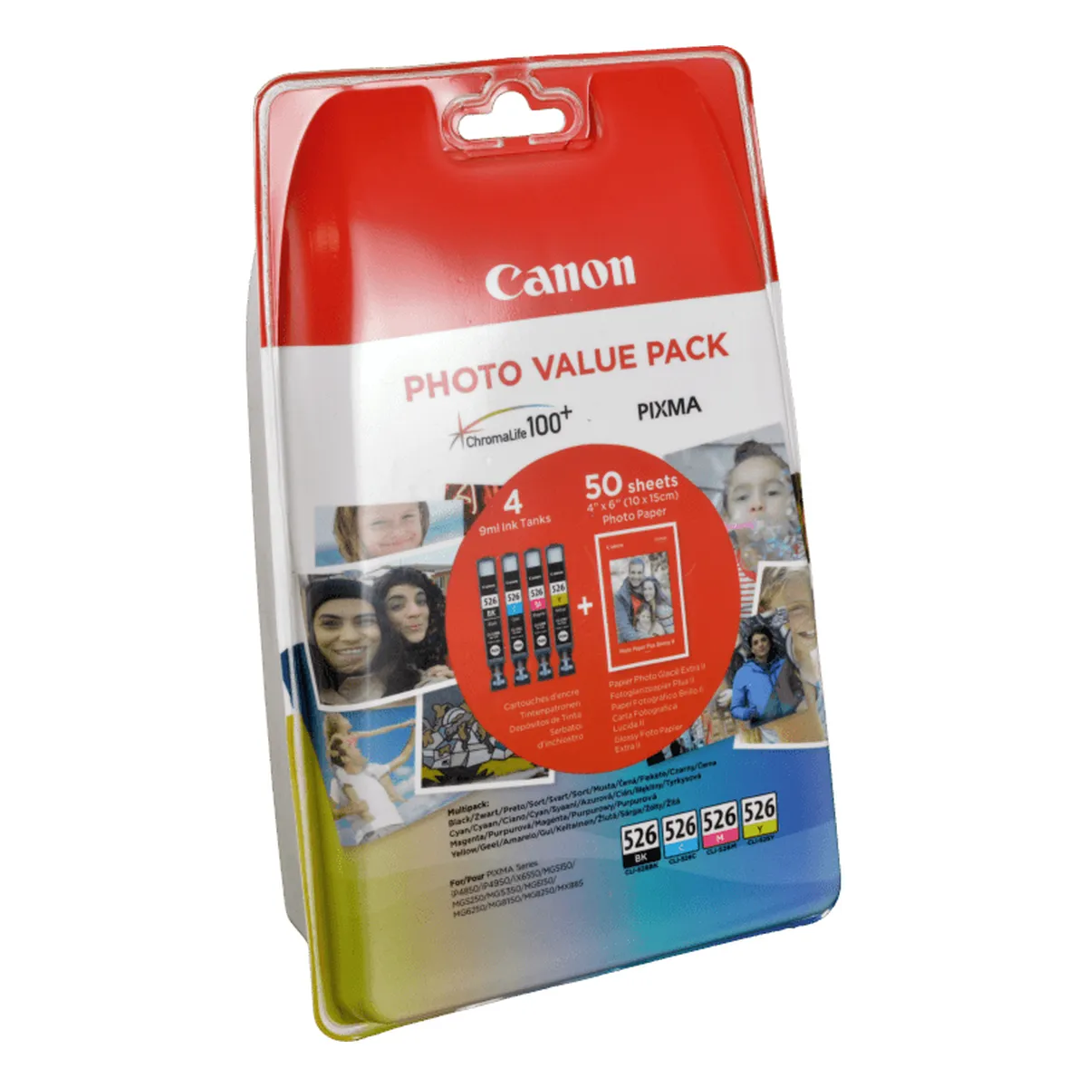Druckerpatronen MultiPack Canon CLI-526 BCMY 4x 9 ml + Fotopapier 10x15 50 Blatt (4540B019)