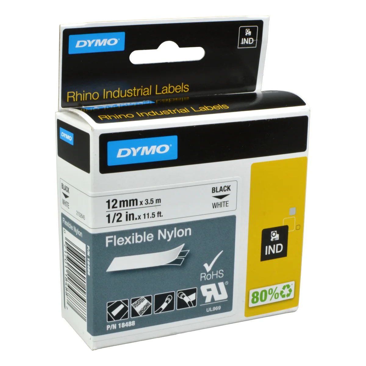 Dymo Label Band IND 18488 (S0718100) schwarz auf weiß 12mm x 3,5m Nylon flexibel