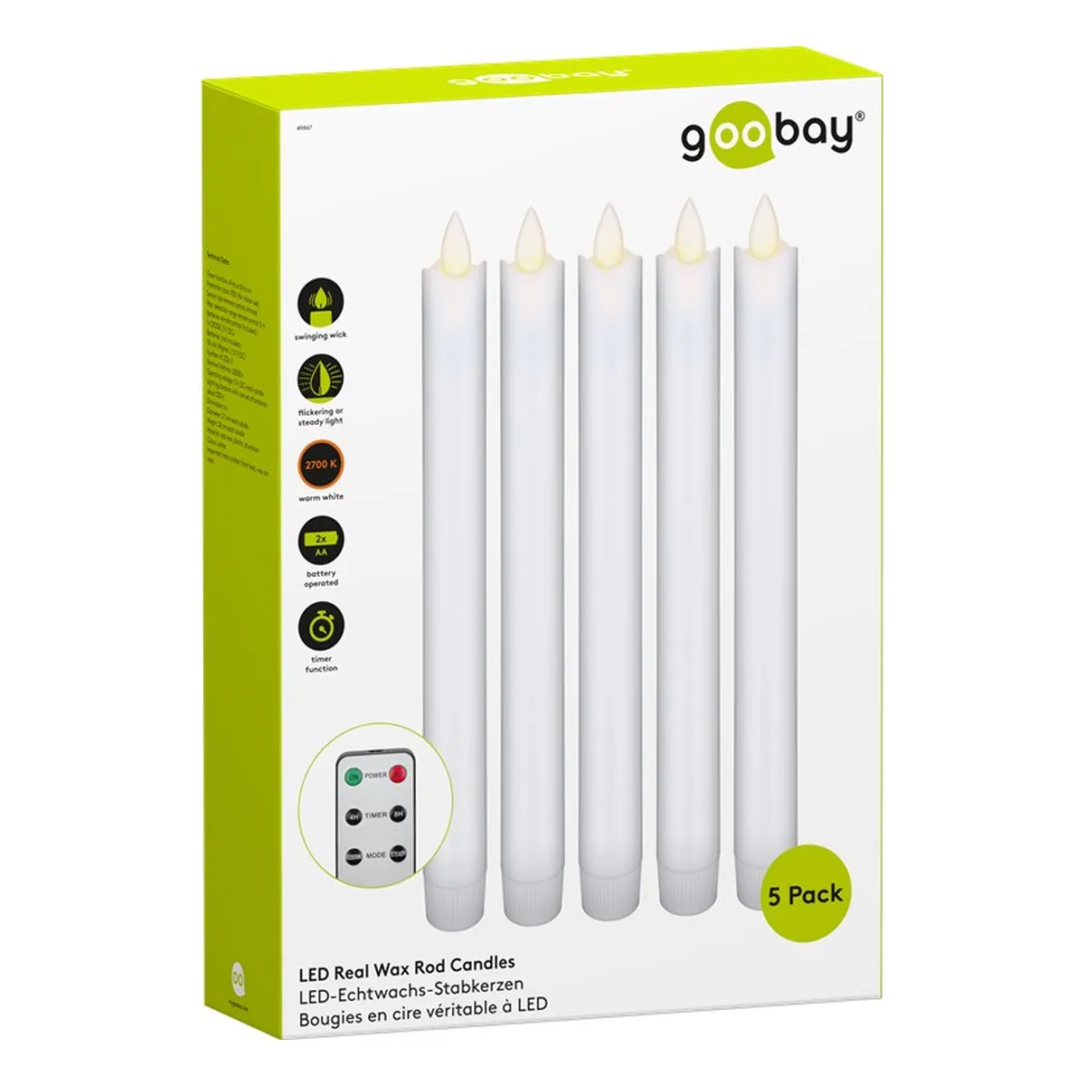 Goobay 5er-Set weiße LED-Echtwachs-Stabkerzen, inkl. Fernbedienung