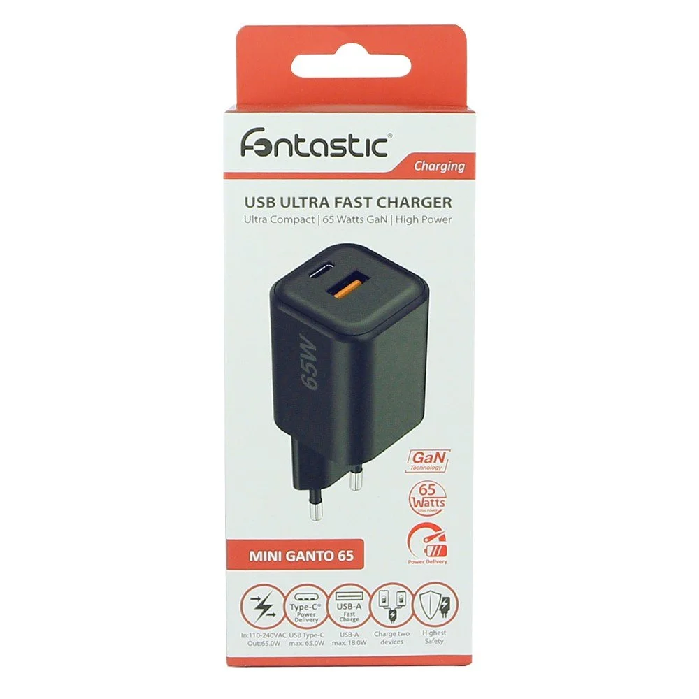 Fontastic Netzteil MINI GaNto 65W Type-C PD + USB-A FC schwarz