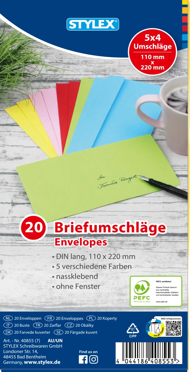 Briefumschläge, DIN lang, farbig, 20 Stück