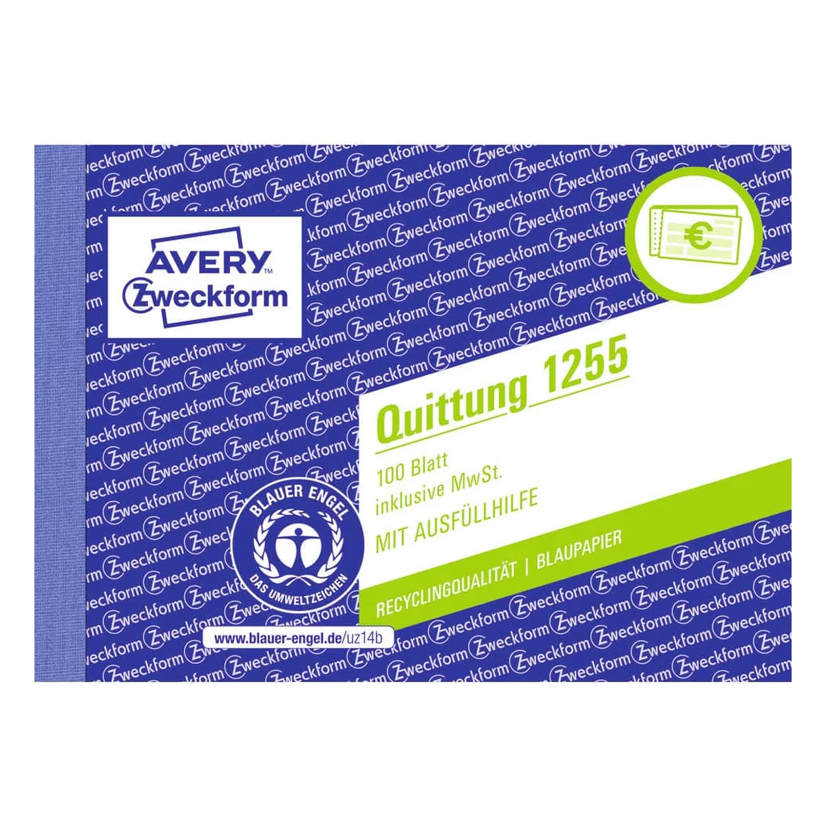 AVERY ZWECKFORM Quittung inkl. MwSt. Recycling - A6 quer, MP, BL, 2x 50 Blatt