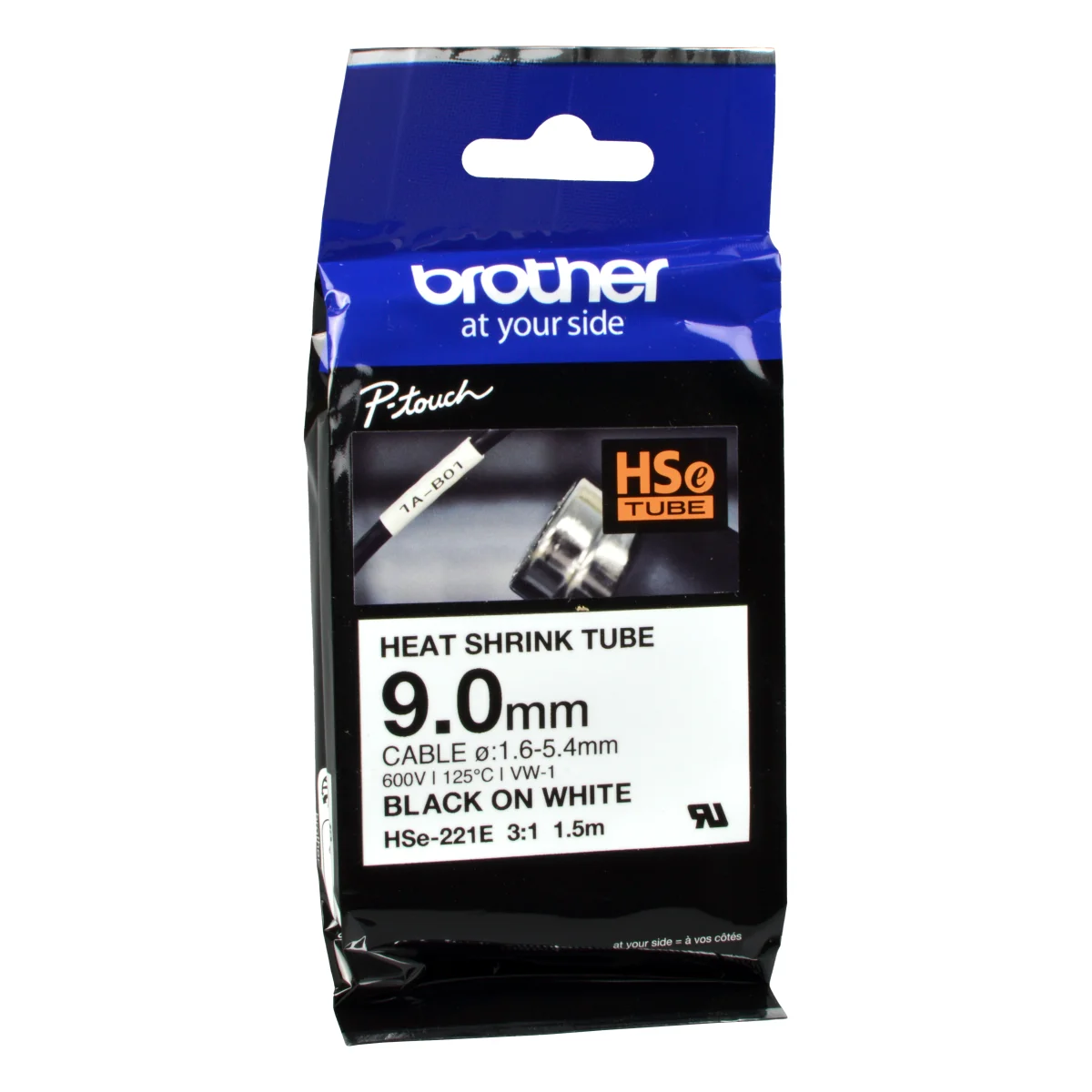 Brother P-Touch Schrumpfschlauch HSe-221E schwarz auf weiß 9mm x 1,5m