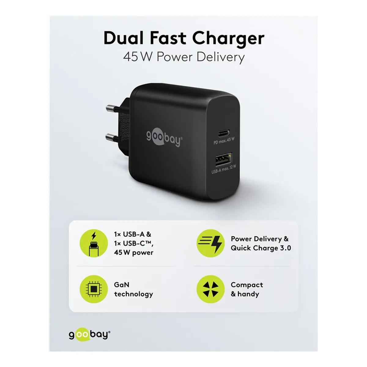 Goobay Dual-USB-Schnellladegerät PD/QC (45 W) schwarz