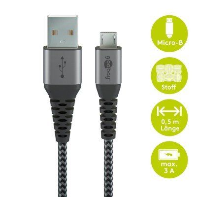 Micro-USB auf USB-A Textilkabel mit Metallsteckern (space grau/silber) 0,5m