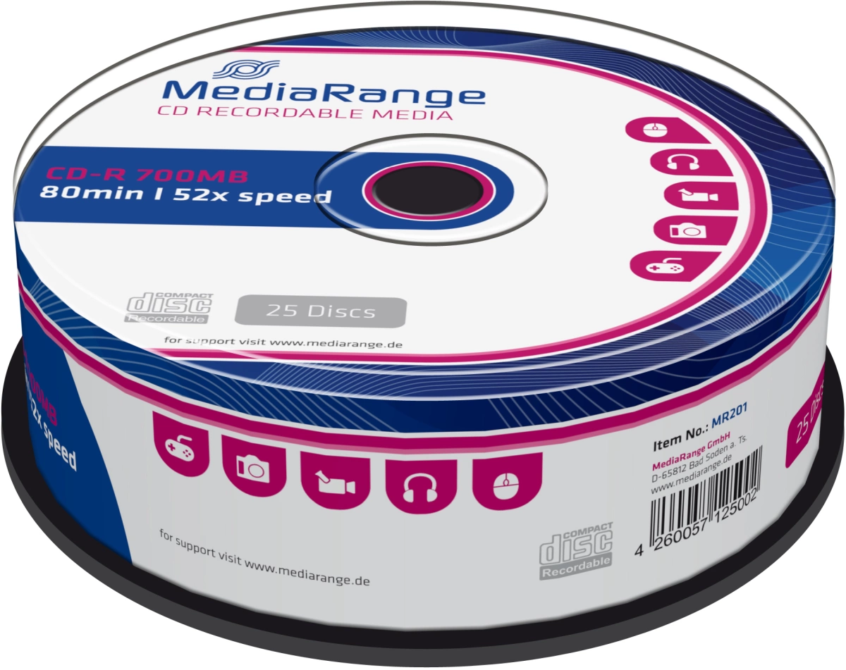 MediaRange CD-R Rohlinge - 700MB/80Min, 52-fach/Spindel, Packung mit 25 Stück