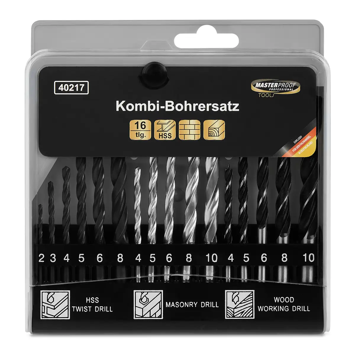 Masterproof Kombi-Bohrer-Satz, 6xMetall, 5xStein, 5xHolz, 16-teilig