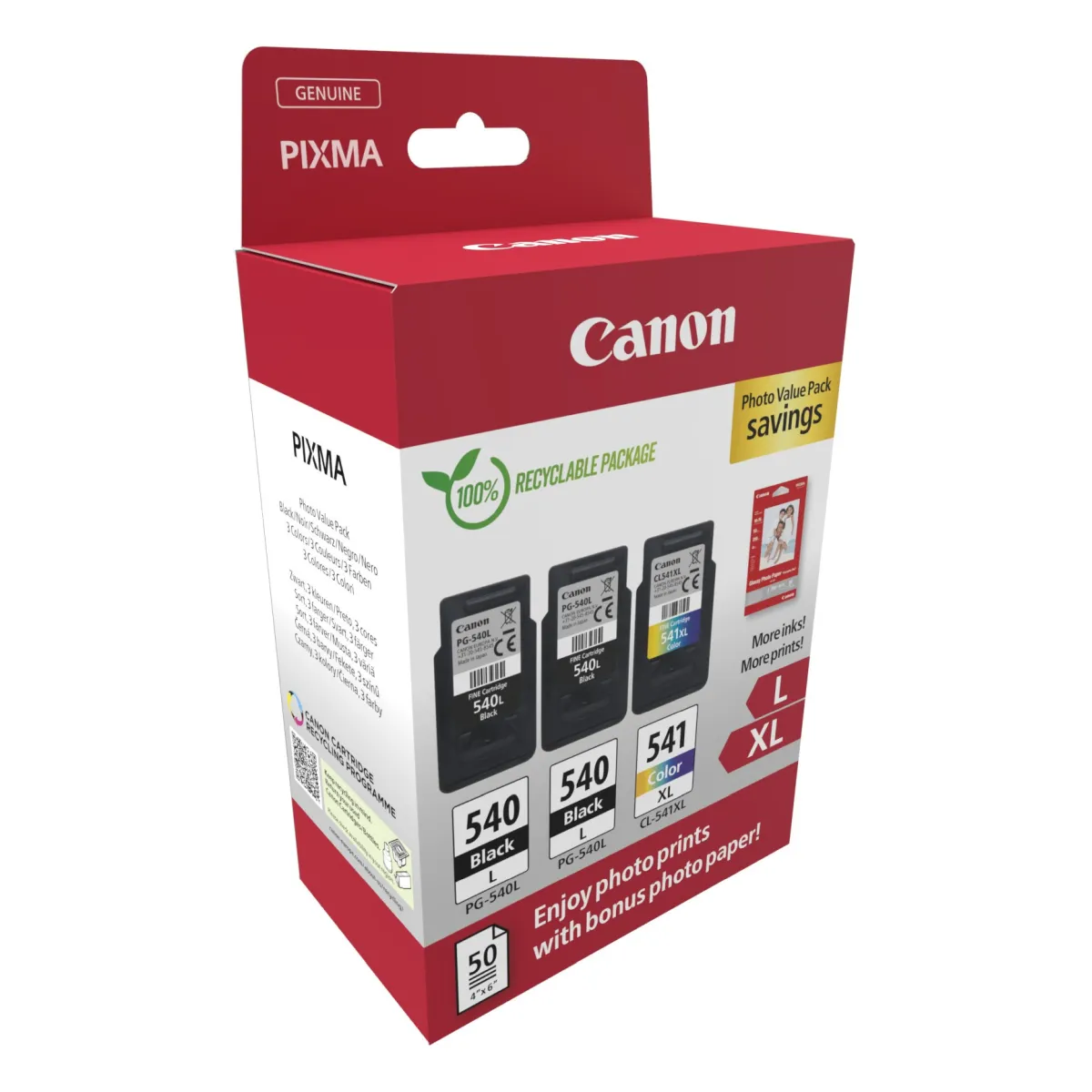 Druckerpatronen Multipack Canon 'PG-540L+CL-541XL' 2x schwarz je 11 ml | 300 Seiten +1x farbig 15 ml | 400 Seiten + Fotoglanzpapier 50 Blatt (5224B015)