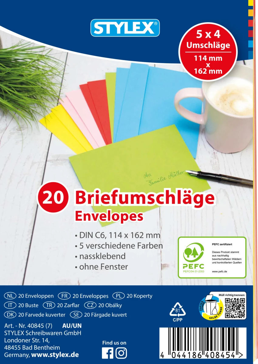 Stylex Briefumschläge, DIN C6, farbig, 20 Stück