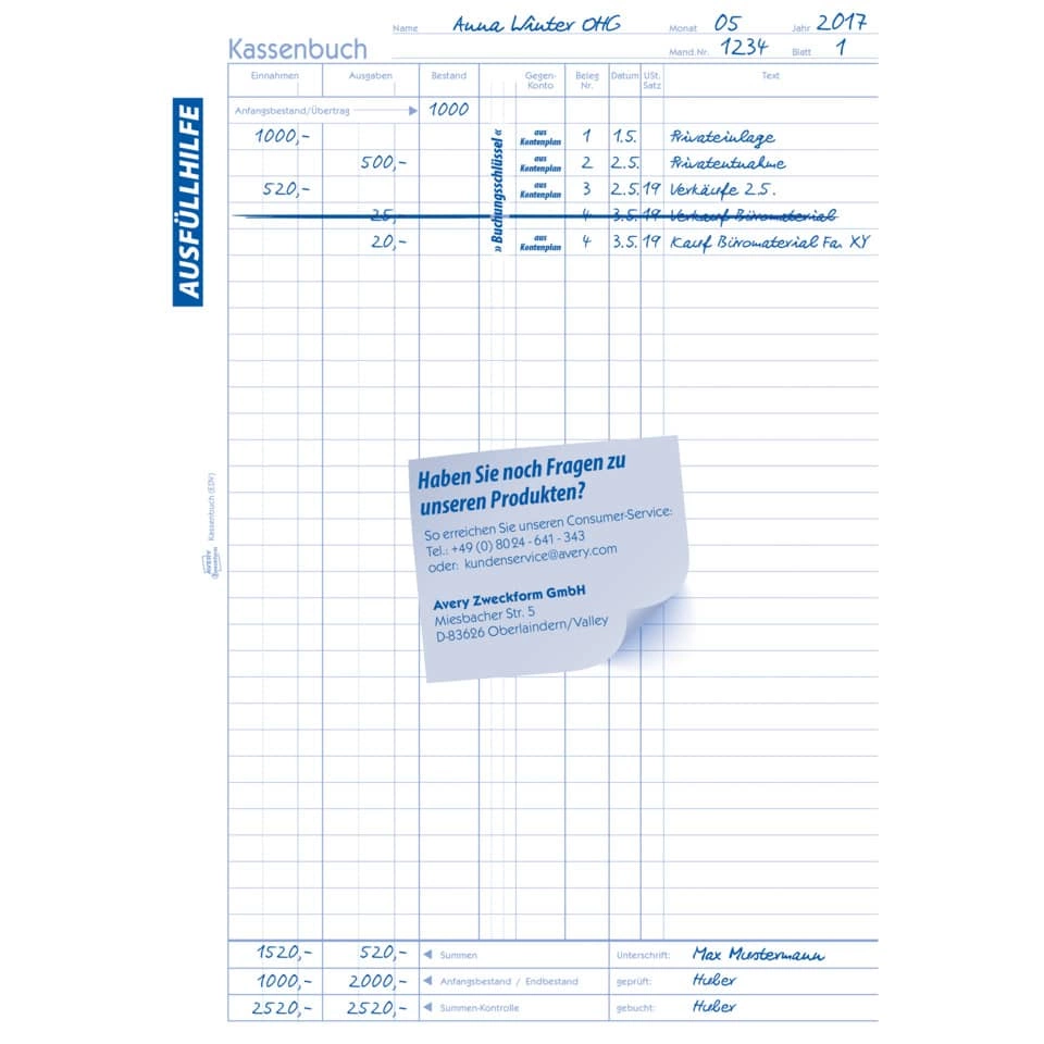 AVERY ZWECKFORM Kassenbuch - EDV-gerecht, A4, Recycling, Blaupapier, 100 Blatt