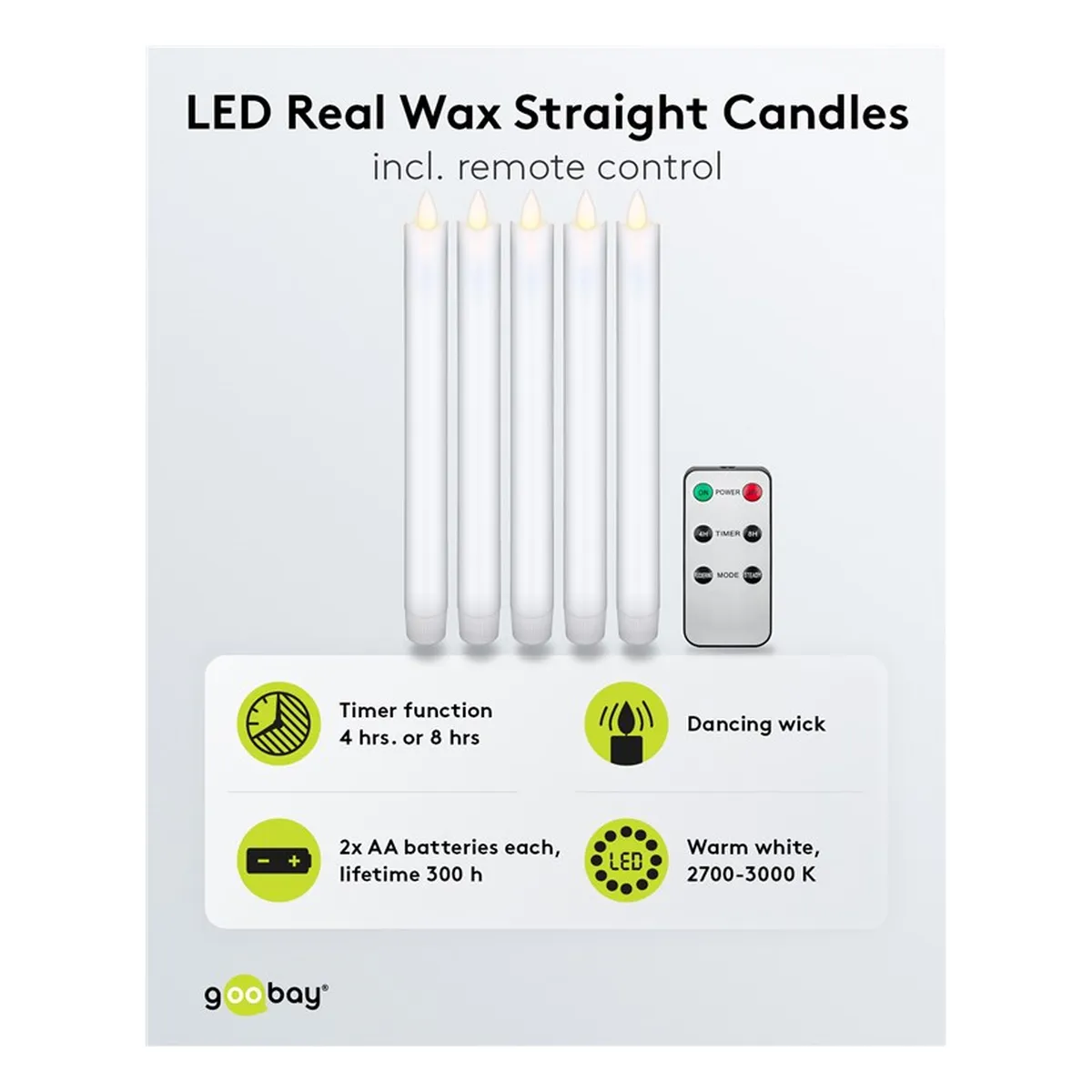 Goobay 5er-Set weiße LED-Echtwachs-Stabkerzen, inkl. Fernbedienung