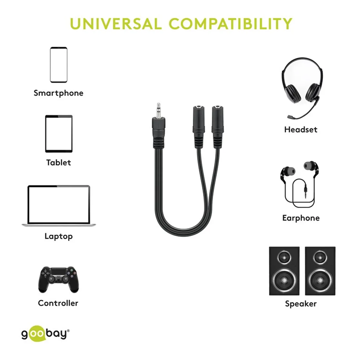 Goobay Audio Y Kabeladapter 3,5 mm, 1x Stecker 2x Buchse stereo
