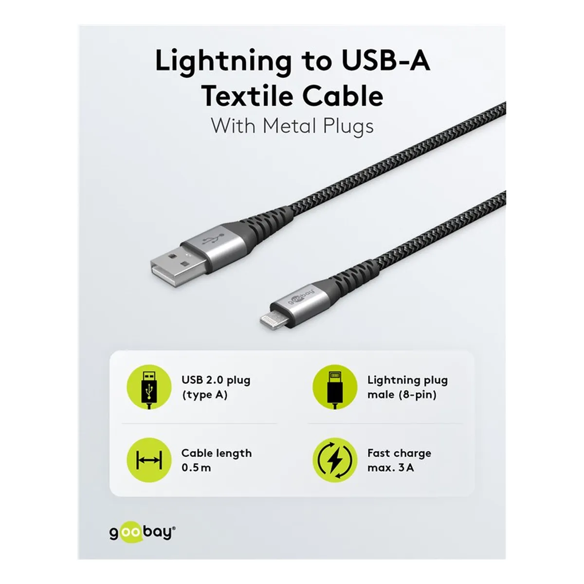 Goobay Lightning auf USB-A Textilkabel mit Metallsteckern (space grau/silber) 0,5 m
