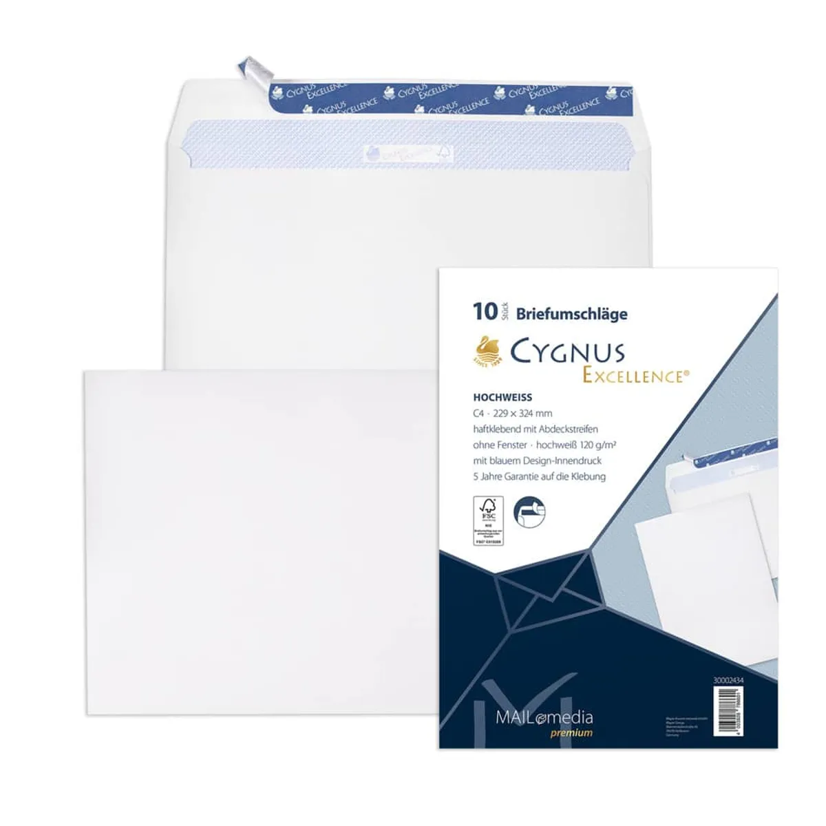 Cygnus Excellence Briefumschlag C4, haftkebend, weiß, Offset 100g, 10 Stück