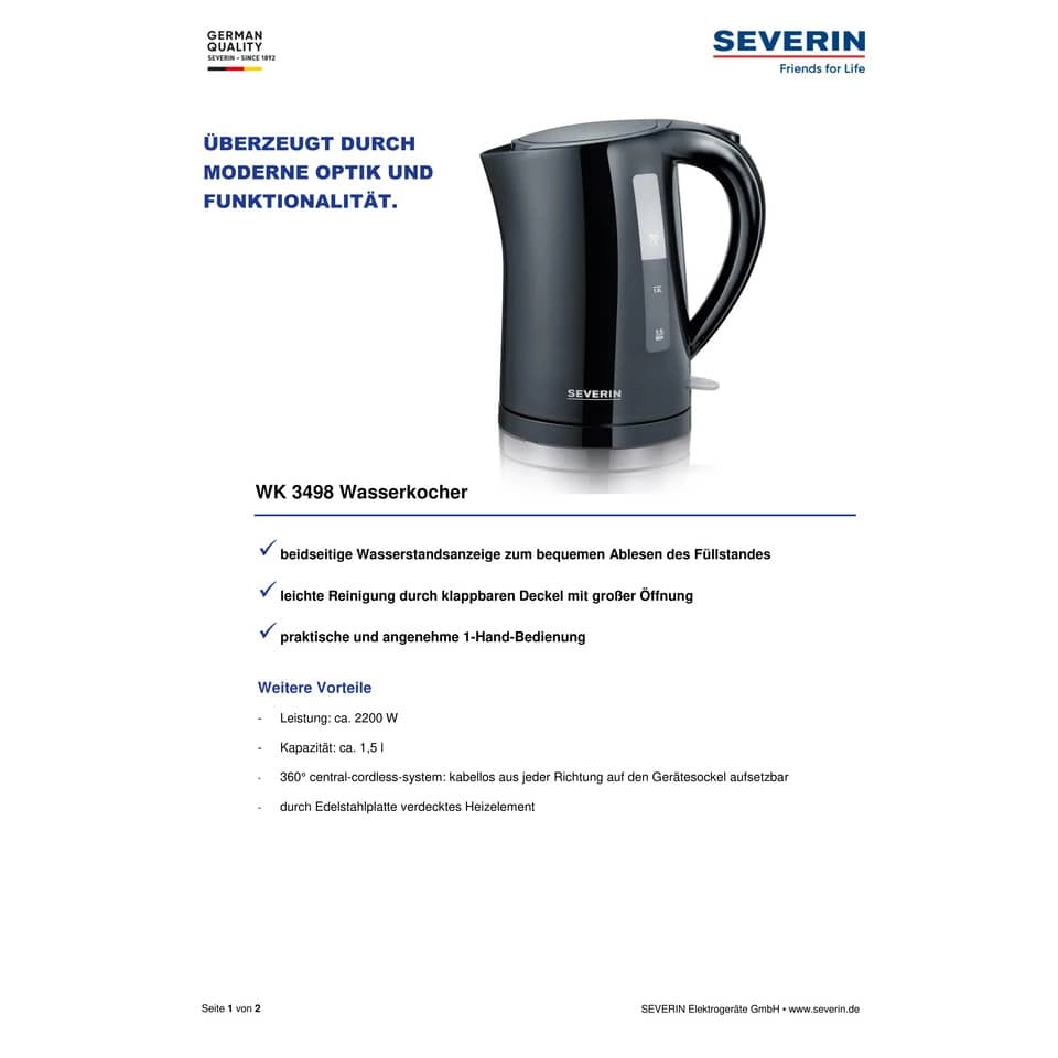 SEVERIN Wasserkocher - 1,5 Liter, schwarz