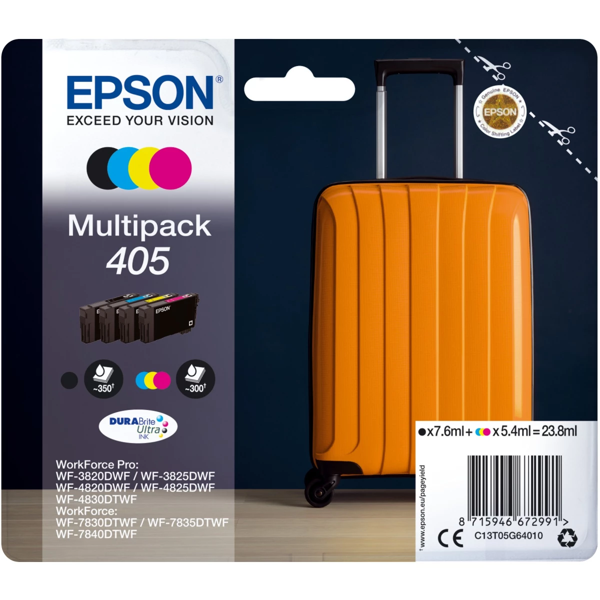 Druckerpatronen MultiPack Epson 405 schwarz cyan magenta gelb 23,8 ml | 1.250 Seiten (C13T05G64010)