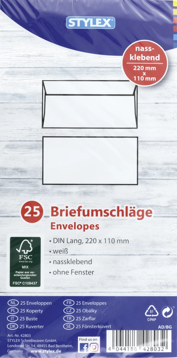 Stylex Briefumschläge, DIN Lang, 25 Stück