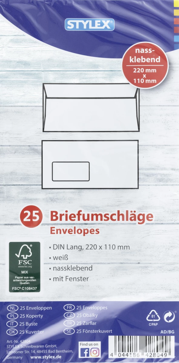 Stylex Briefumschläge, DIN Lang, mit Fenster, 25 Stück