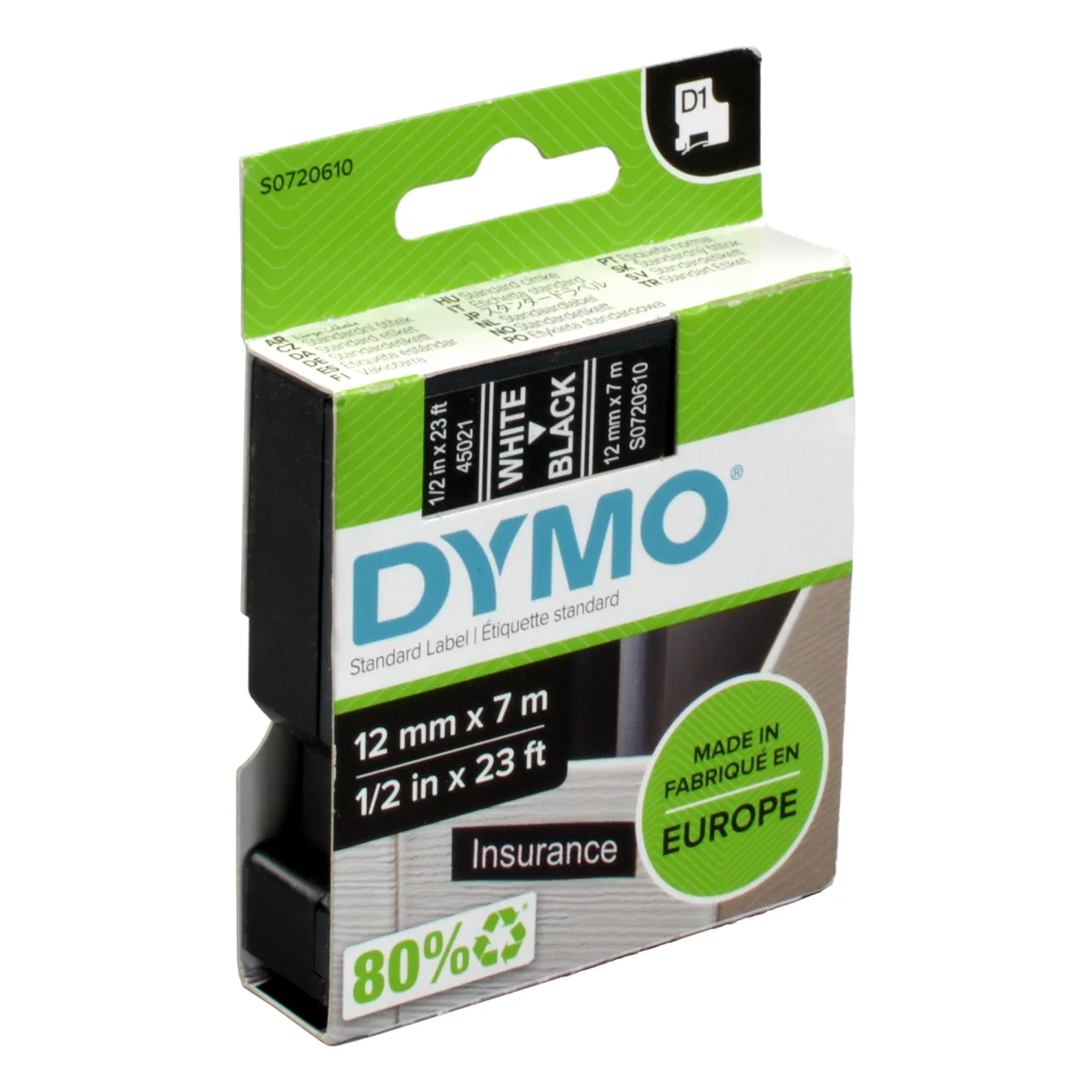 Dymo Label Band D1 45021 (S0720610) weiß auf schwarz  12mm x 7m