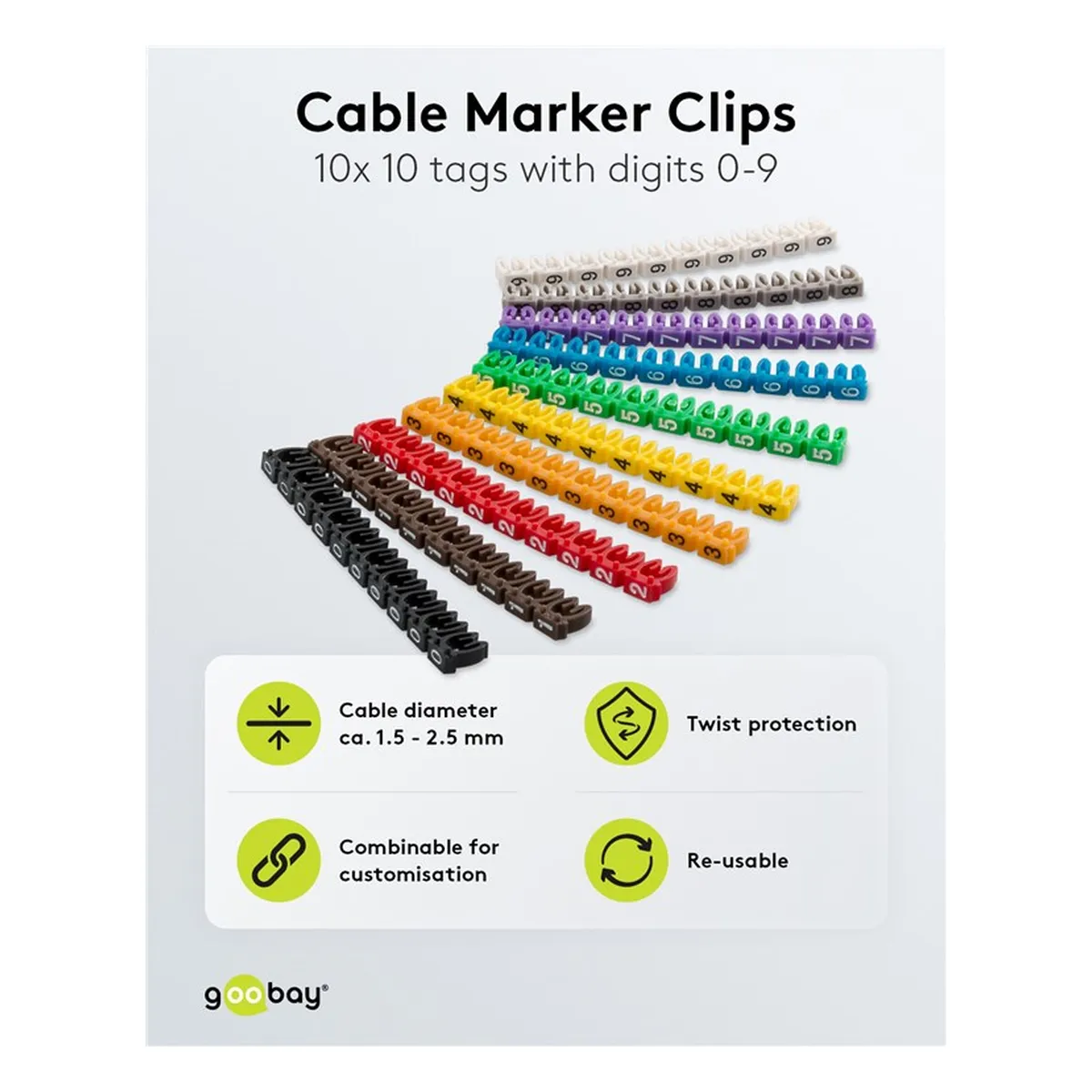 Goobay Kabelmarker-Clips ''Ziffern 0-9'' für Kabeldurchmesser bis 2,5 mm