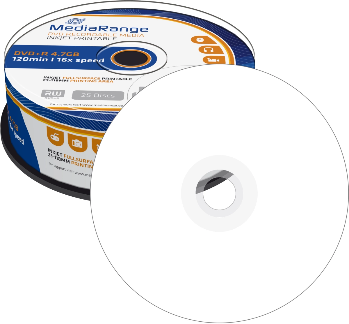 MediaRange DVD+R - 4.7GB/120Min, 16-fach/Spindel, bedruckbar, Packung mit 25 Stück