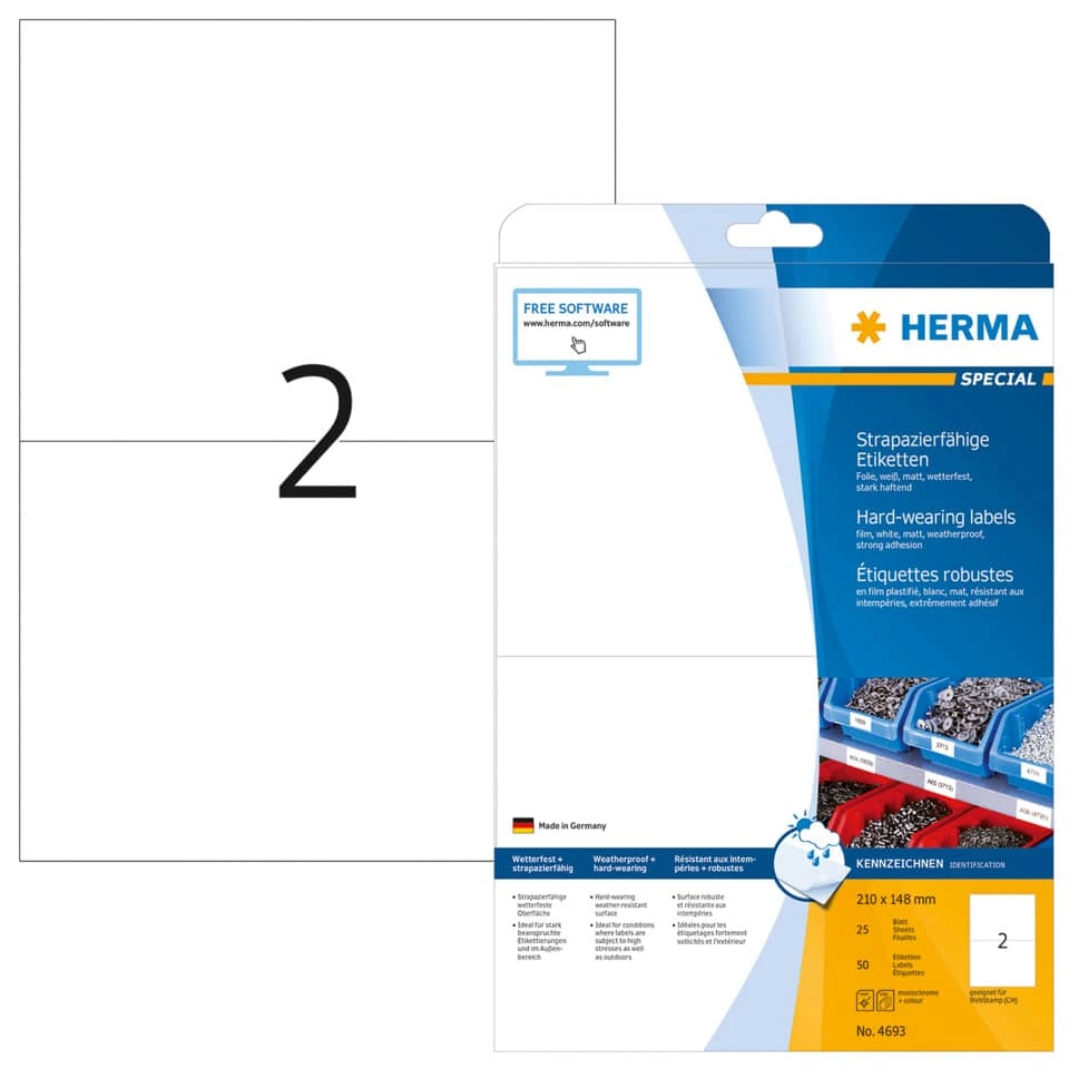 HERMA Folienetiketten - 210 x 148mm, weiß, extrem stark haftend, matt, 50 Stück