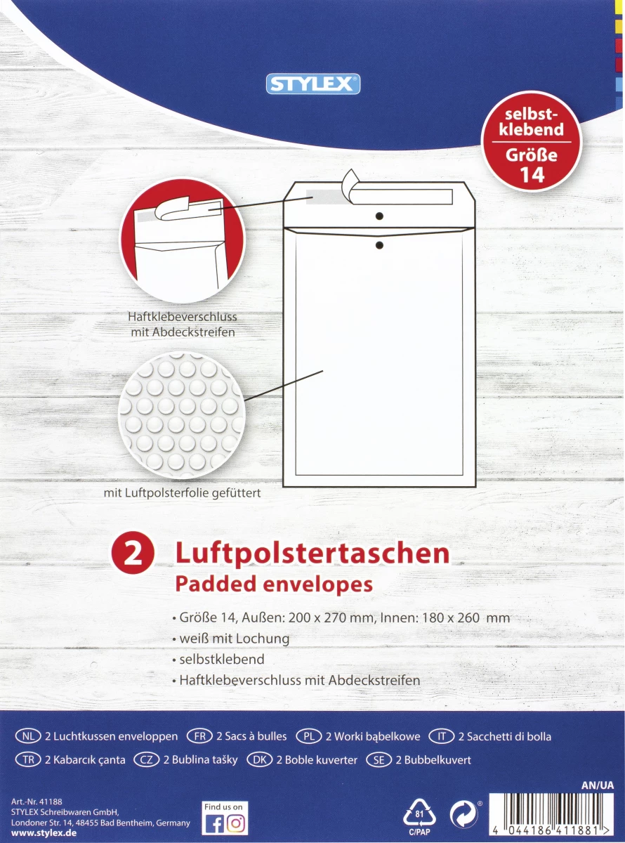 Stylex Luftpolstertaschen, Gr.14, haftklebend, 2 Stück