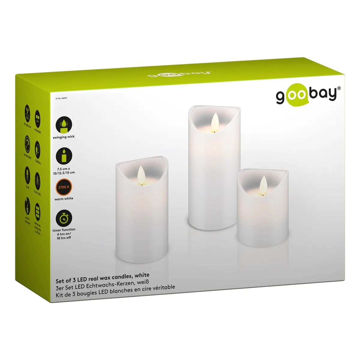 Goobay 3er Set LED Echtwachs-Kerzen, weiß