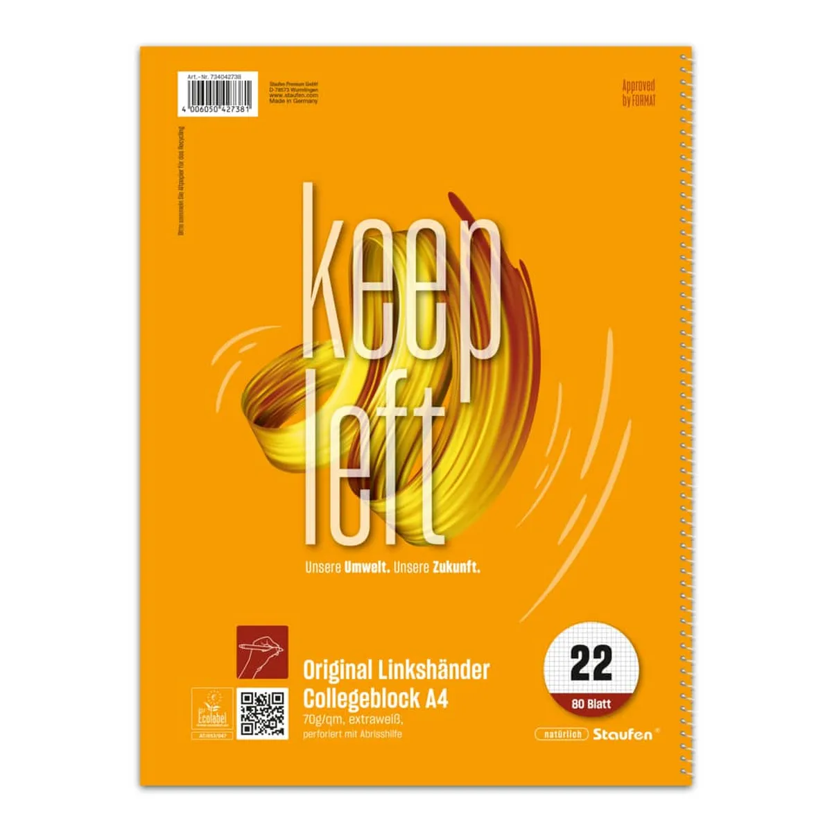 Staufen Collegeblock Linkshänder - A4, kariert, 80 Blatt, 70 g/qm