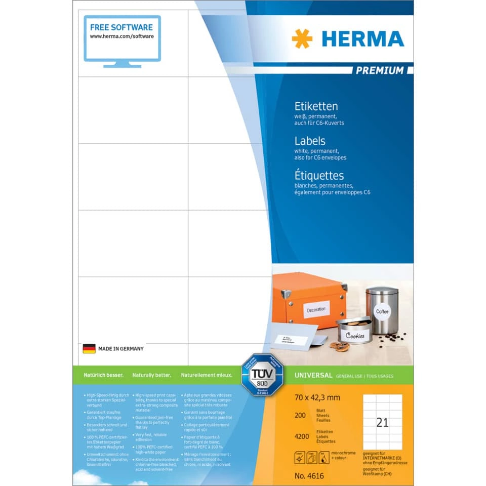 HERMA Etiketten Premium - 70 x 42,3 mm, weiß, matt, 4200 Stück HERMA Etiketten Premium - 70 x 42,3 mm, weiß, matt, 4200 Stück