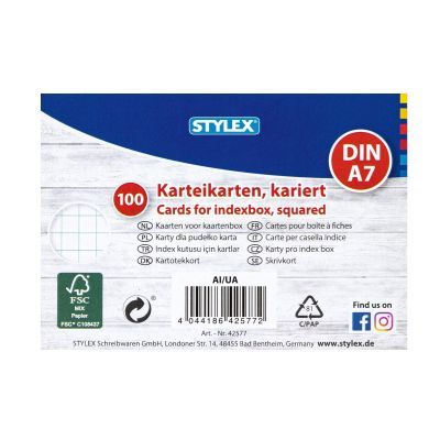 Karteikarten, DIN A7, kariert, 100 Stück, FSC