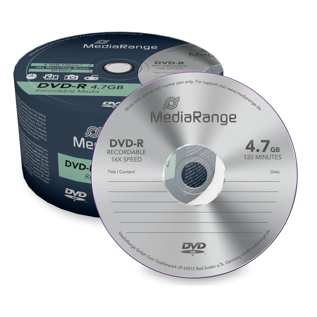 MediaRange DVD-R - 4.7GB/120Min, 16-fach/Spindel, Packung mit 50 Stück