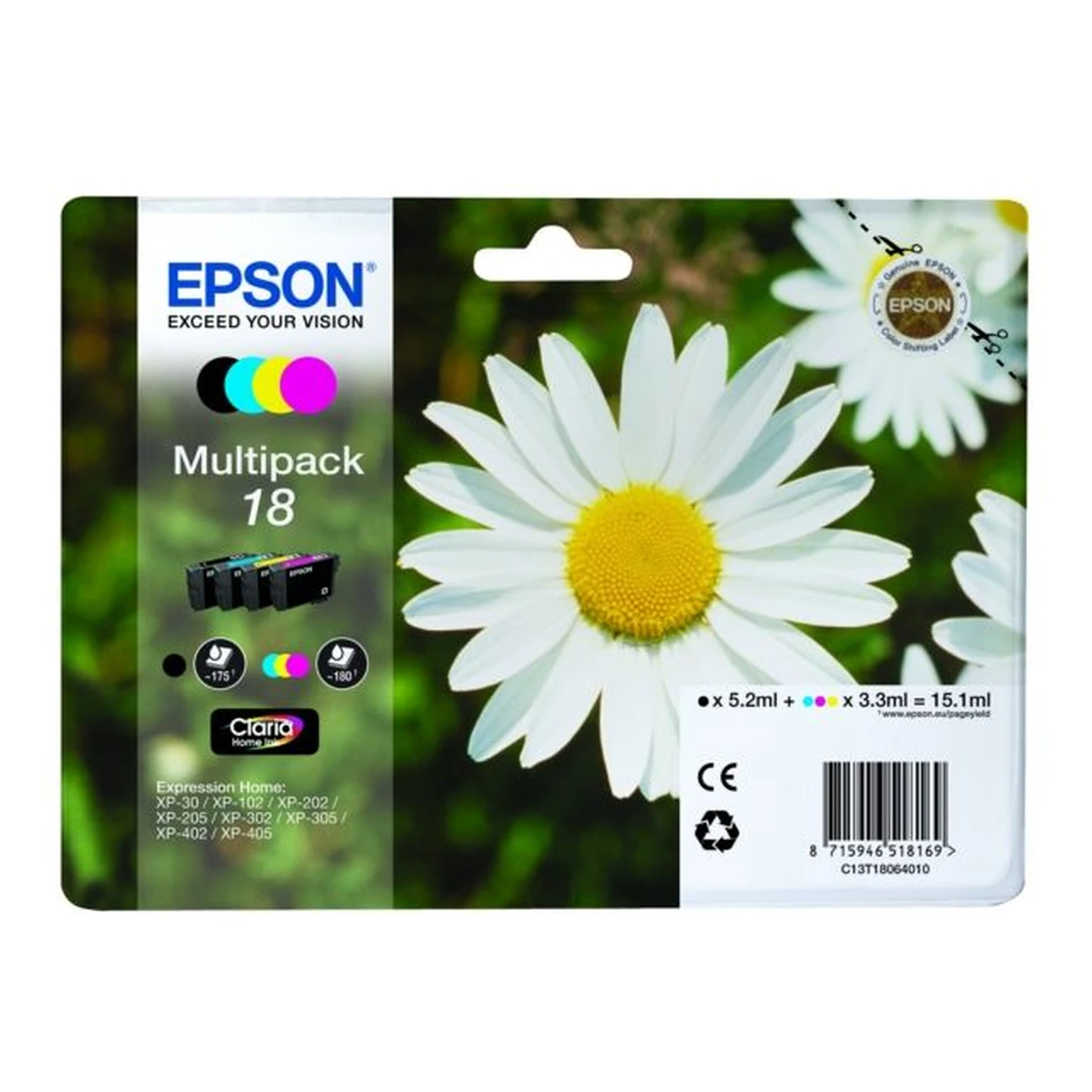 Druckerpatronen MultiPack Epson 18 schwarz cyan magenta gelb 15,1 ml | 175 Seiten + 3x 180 Seiten (C13T18064010)