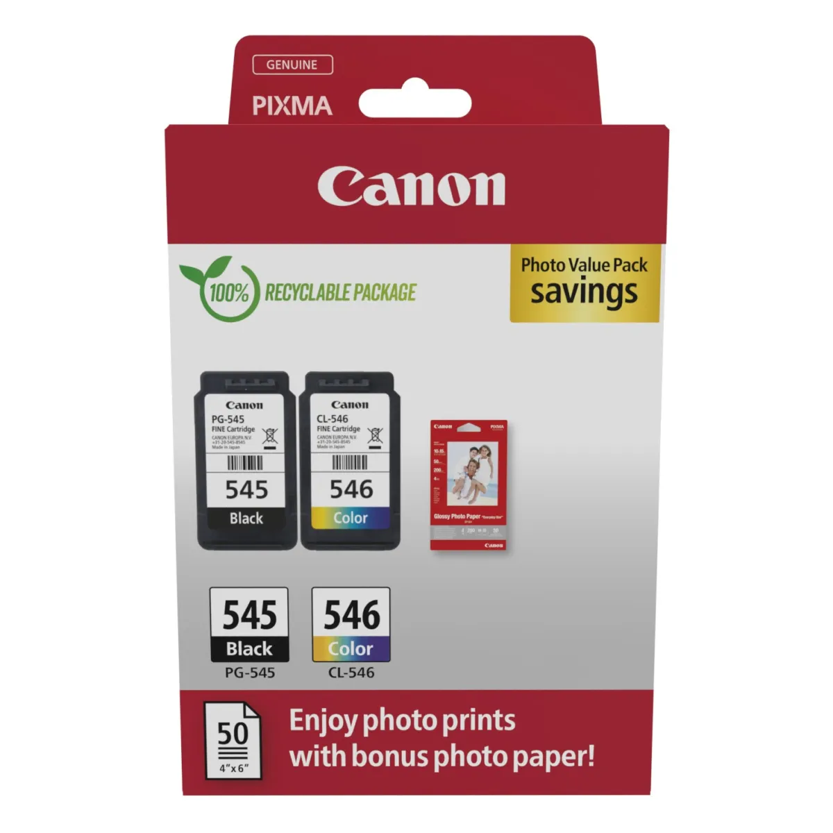 Canon Multipack 'PG-545+CL-546' schwarz + farbig + Fotopapier 50 Blatt 16 ml