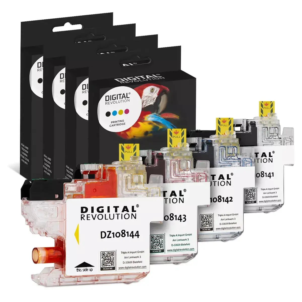 Digital Revolution alternative Patrone Tinte Brother LC-421VAL schwarz cyan magenta gelb, vor schwarzer Verpackung mit Papagei auf weißem Hintergrund