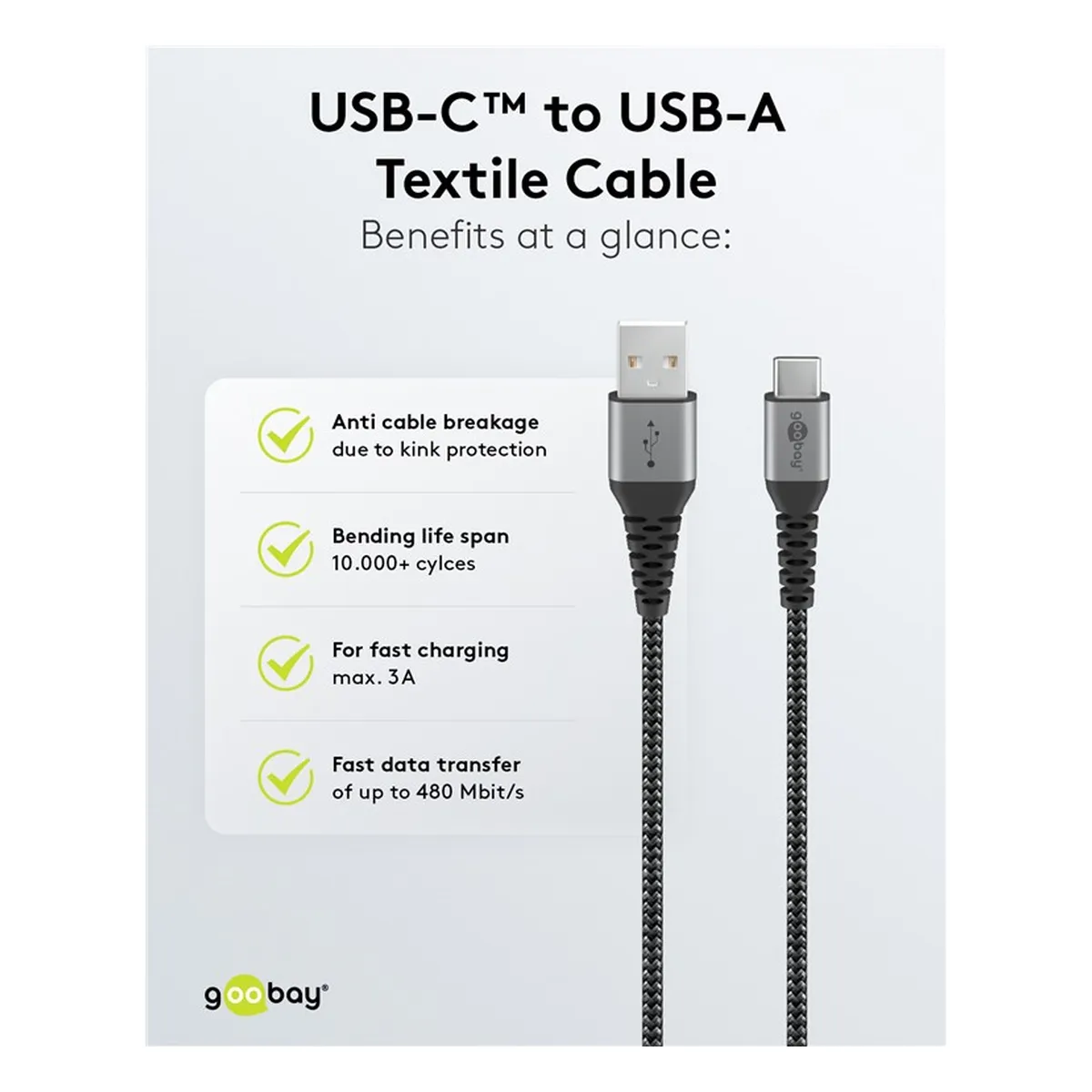 Goobay USB-C™ auf USB-A Textilkabel mit Metallsteckern (space grau/silber) 1 m