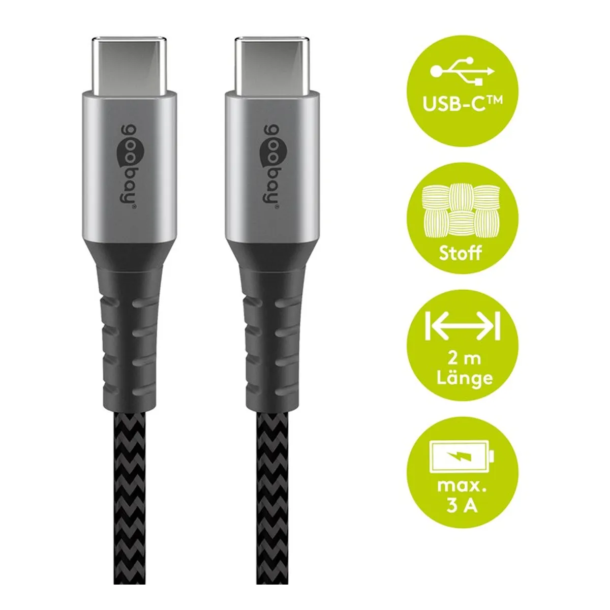USB-C™ auf USB-C™ Textilkabel mit Metallsteckern (space grau/silber) 2m