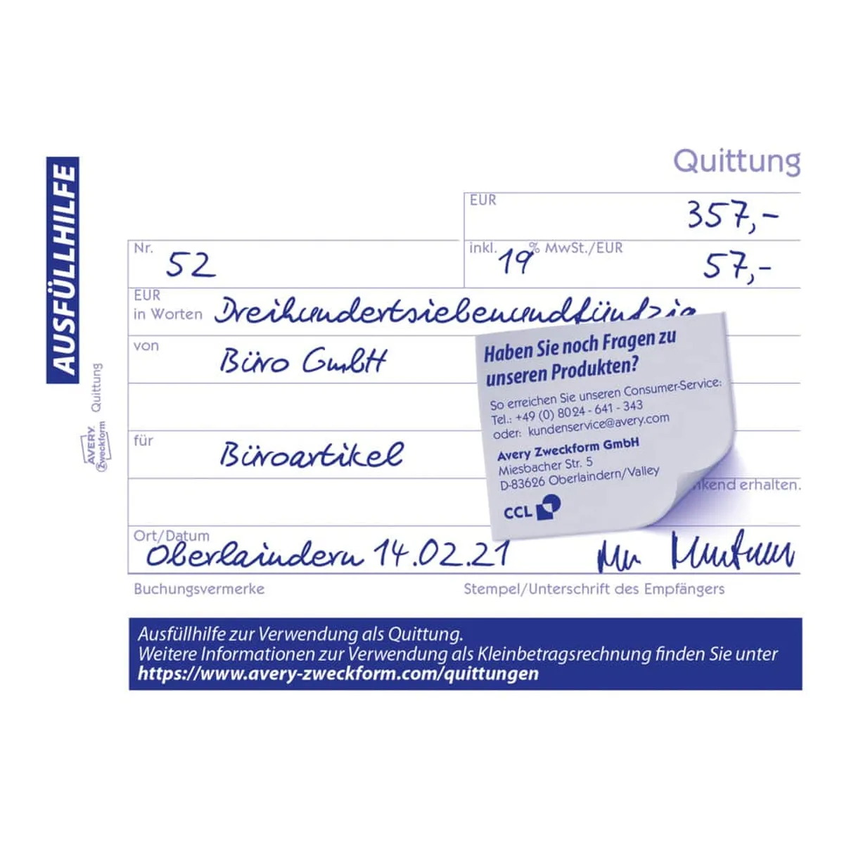 AVERY ZWECKFORM Quittung inkl. MwSt. Recycling - A6 quer, MP, BL, 2x 50 Blatt