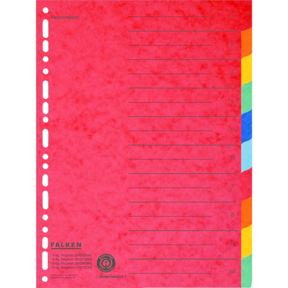 Zahlenregister - 1-10, Karton farbig, A4, 5 Farben, gelocht mit Orgadruck