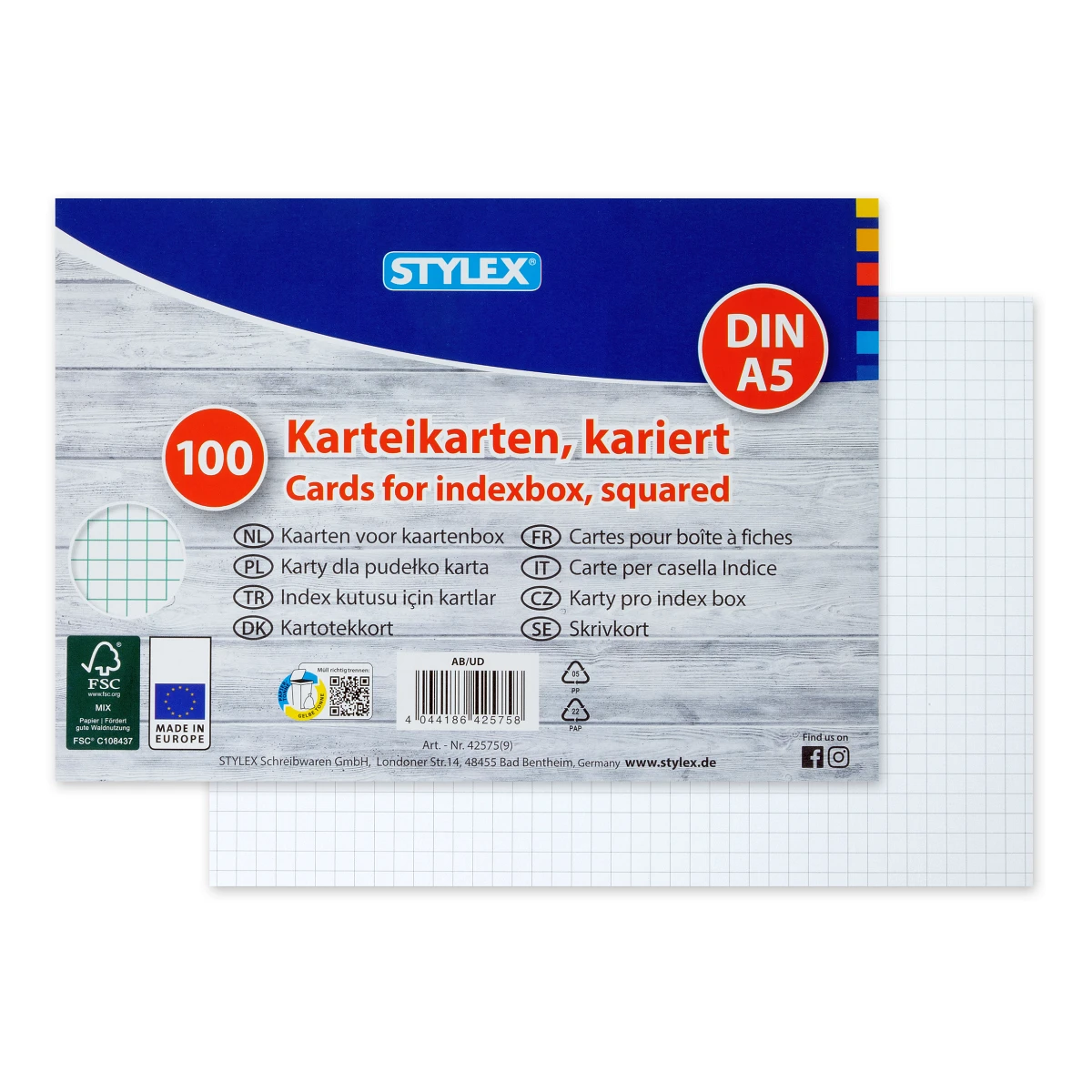 Stylex Karteikarten, DIN A5, kariert, 100 Stück, FSC