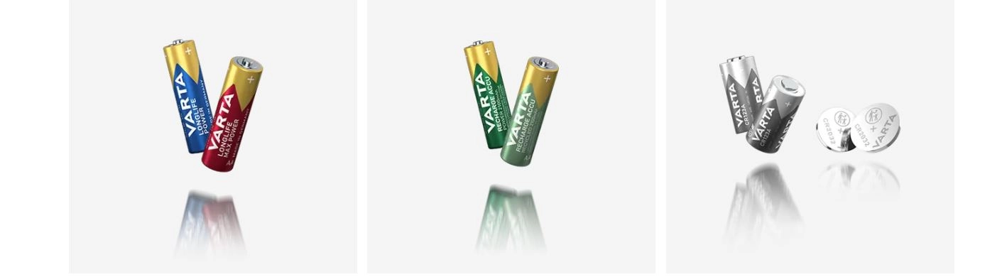 Varta Banner Verschiedene Varta-Batterien auf einem dreigeteilten grauen Hintergrund