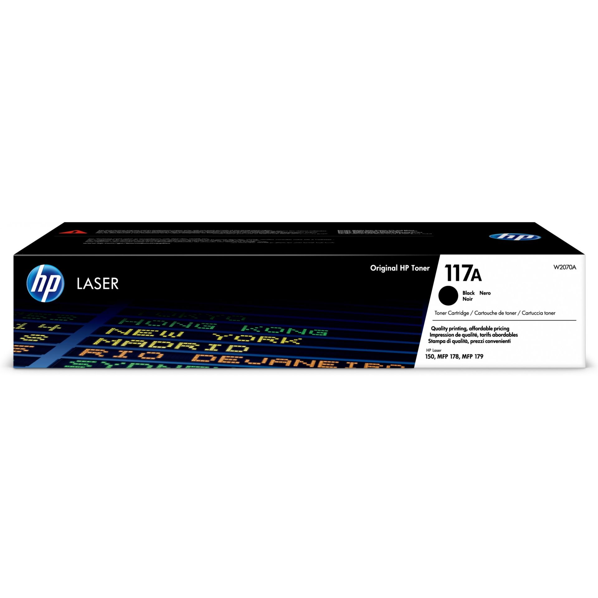 HP Toner 117A in schwarz in einer schwarz-weißen Verpackung mit HP Logo