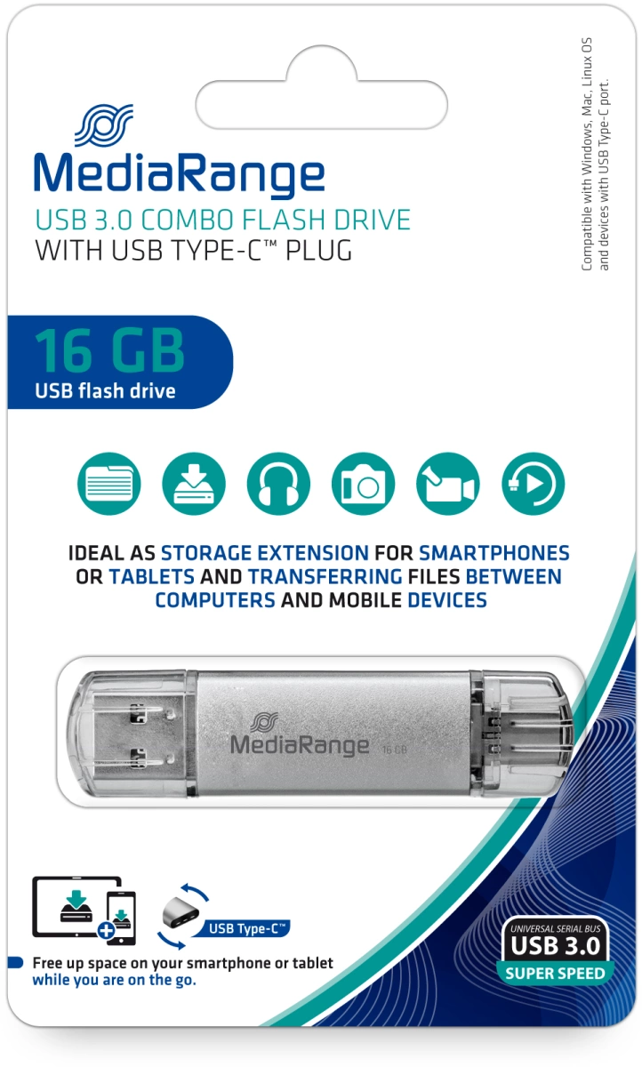 MediaRange USB Stick 3.1 Kombo-Speicherstick, mit USB Type-C™ Stecker - 16 GB