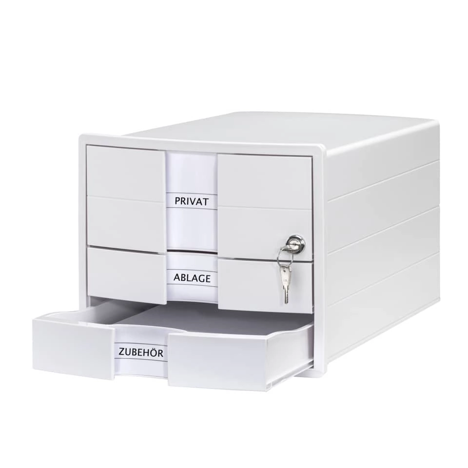 Schubladenbox IMPULS - A4/C4, 3 geschlossene Schubladen, inkl. Einsatz + Schloss, weiß