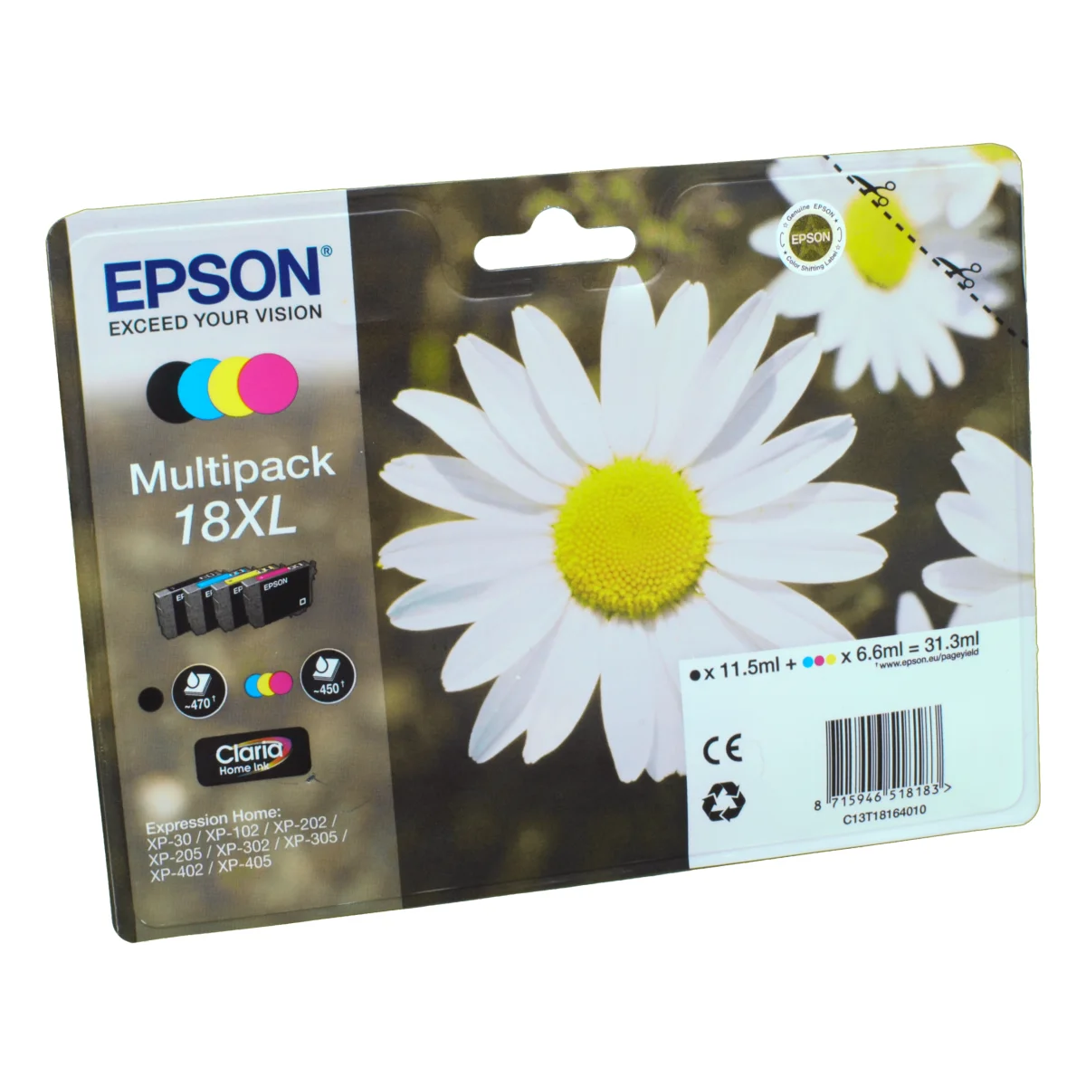 Druckerpatronen MultiPack Epson 18XL schwarz cyan magenta gelb 31,3 ml | 1x 470 Seiten (BK), 3x 450 Seiten (CMY) (C13T18164010)