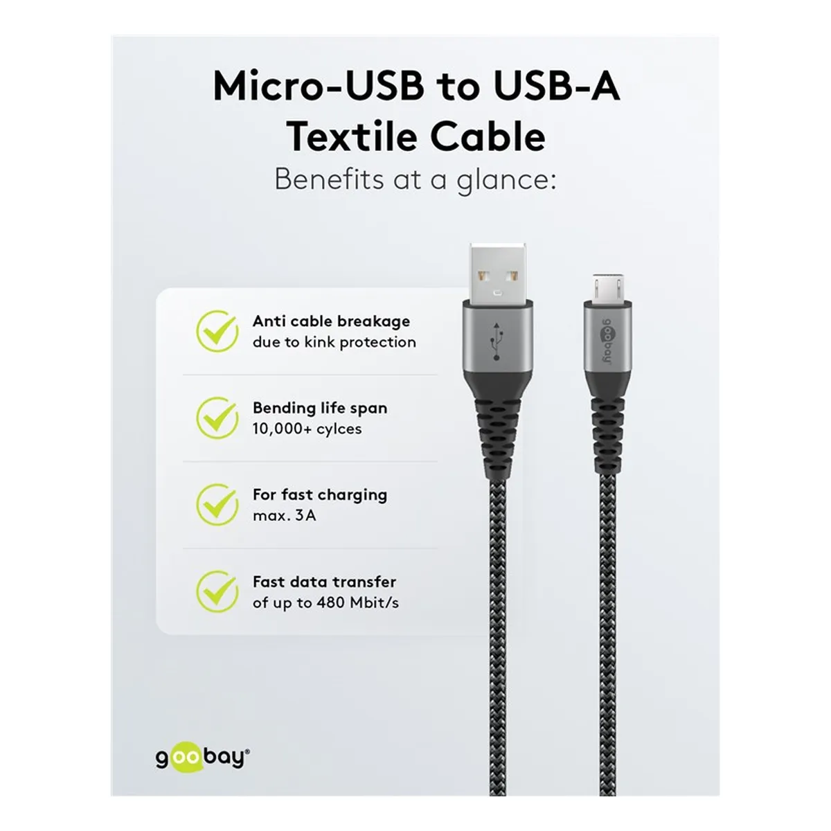 Goobay Micro-USB auf USB-A Textilkabel mit Metallsteckern (space grau/silber) 0,5m